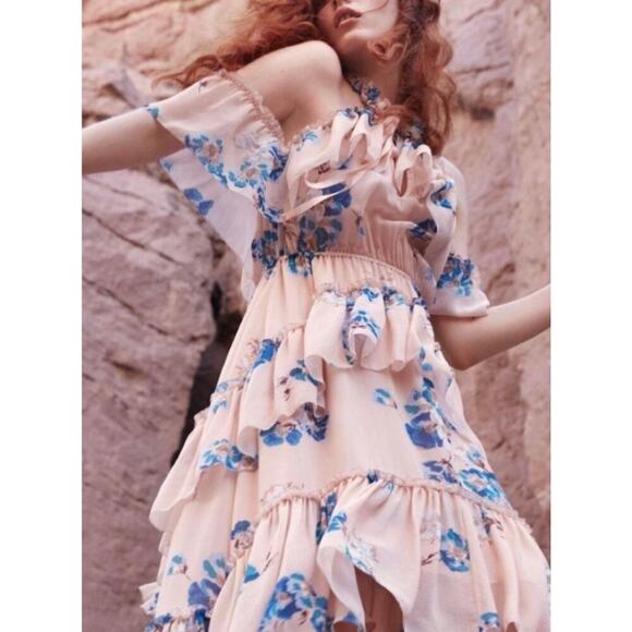 NWT Ulla Johnson Nude Floral Cold Shoulder Valentine Maxi Dress Size 4 - Picture 3 of 16